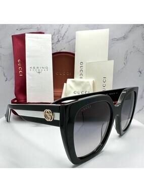 New GUCCI Sunglasses Black Square Gold Metal GG Web Arms Womens Authentic Gucci